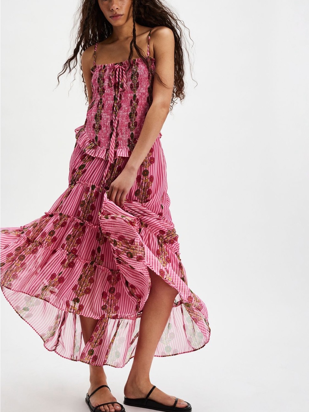 Free People Pink Striped Floral Asymmetrical Maxi Dress